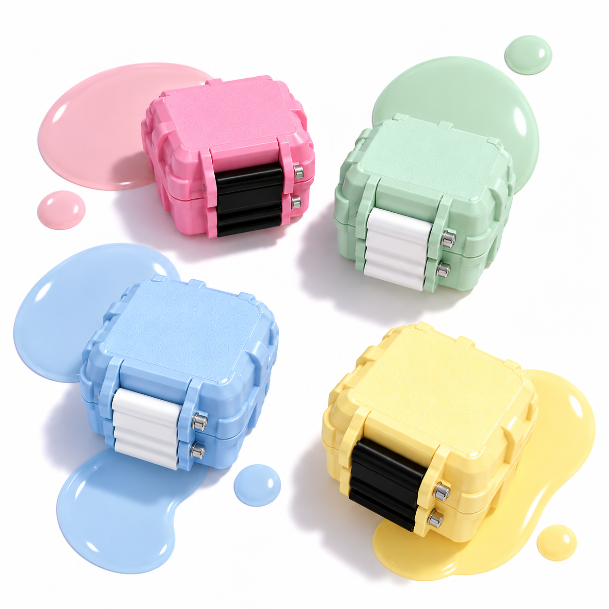 Pink, mint, blue and yellow accessory cases