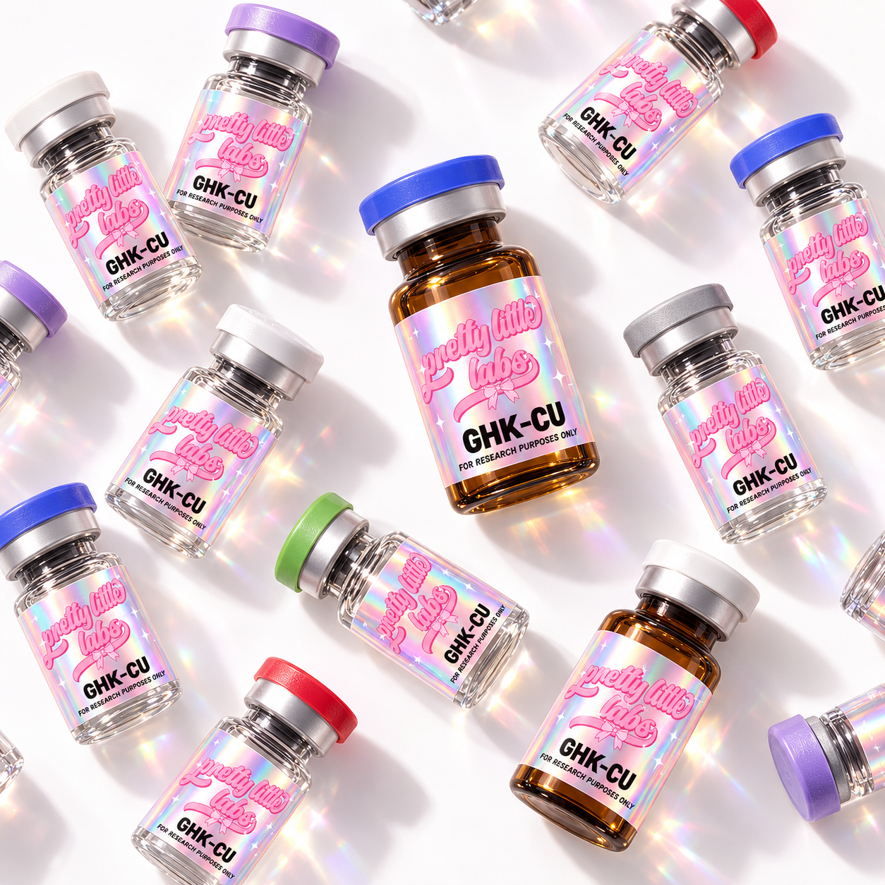 GHK-CU research vials with iridescent labels