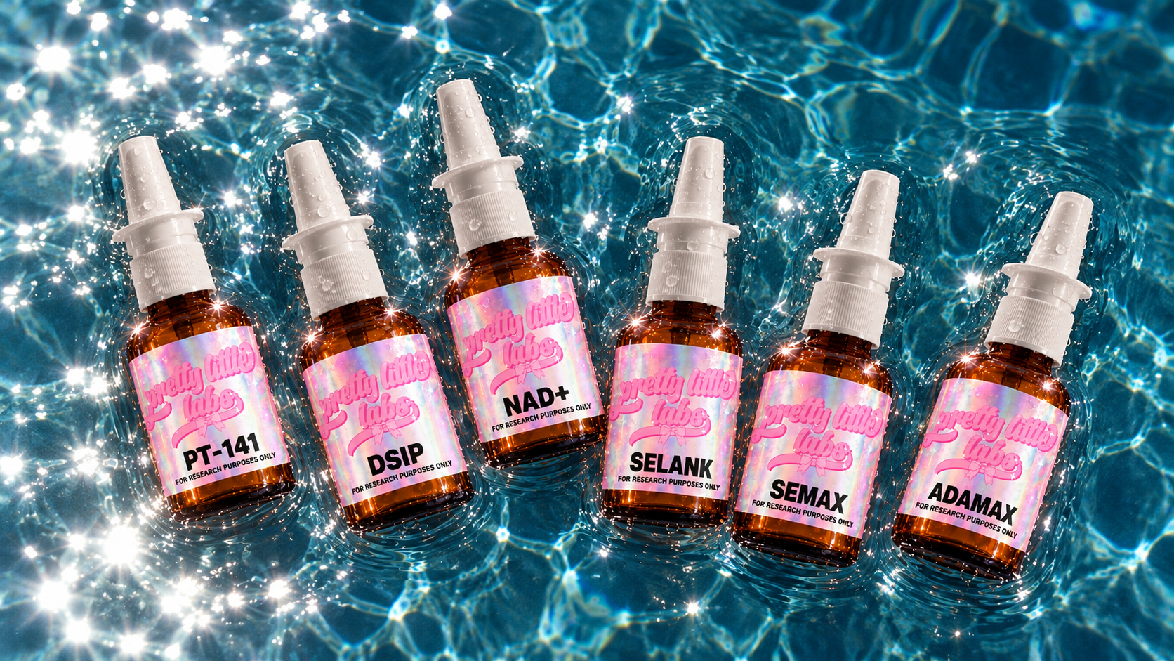 PT-141, DSIP, NAD+, SELANK, SEMAX and ADAMAX sprays on sparkling blue water