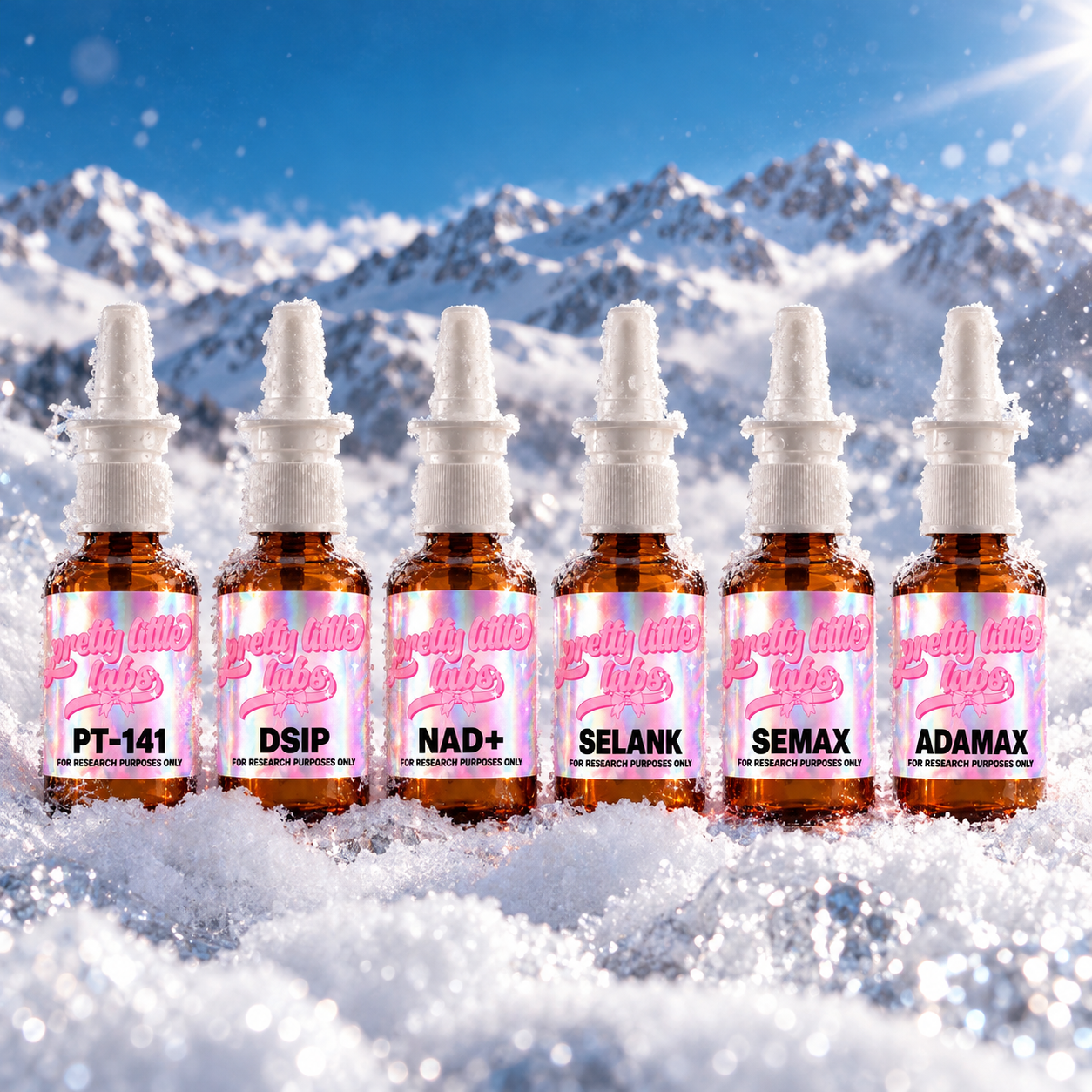 PT-141, DSIP, NAD+, SELANK, SEMAX and ADAMAX sprays in a snowy landscape