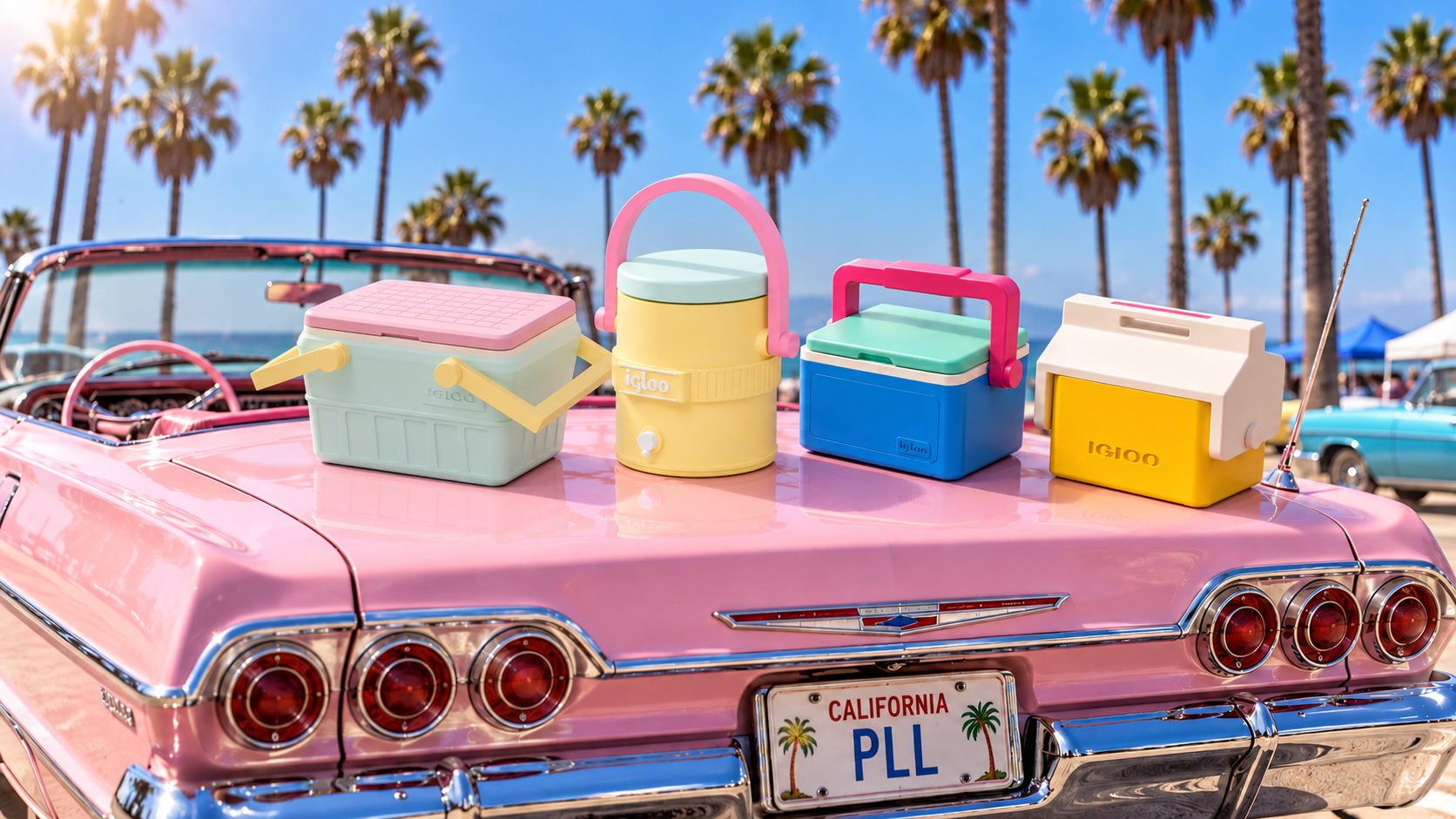 Blue and yellow retro vial coolers on a pink classic convertible beside palm trees and the ocean