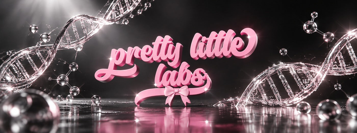 PRETTY LITTLE LABS surrounded by sparkling molecular and DNA imagery